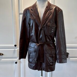 Vintage men’s leather trench style coat sz 42”, 33” long, excellent preowned.